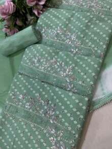 Readymade  Designer Pakistan Ceremonial Embroidered Cotton Teal Floral Printed Straight Pant Style Suit For Women - màu xanh mòng két - Xem 4