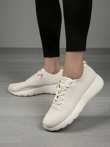 Damen Sportschuhe mit rutschfester Sohle, Obermaterial aus gestricktem, atmungsaktivem Material, weiche Sohle mit Stoßabsorption für Outdoor Fitness, Übungen und Lässig Running - Beige - Übersicht 5