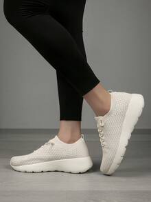 Damen Sportschuhe mit rutschfester Sohle, Obermaterial aus gestricktem, atmungsaktivem Material, weiche Sohle mit Stoßabsorption für Outdoor Fitness, Übungen und Lässig Running - Beige - Übersicht 4