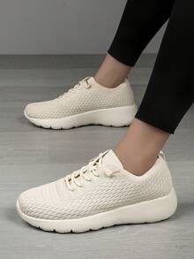 Damen Sportschuhe mit rutschfester Sohle, Obermaterial aus gestricktem, atmungsaktivem Material, weiche Sohle mit Stoßabsorption für Outdoor Fitness, Übungen und Lässig Running - Beige - Übersicht 3