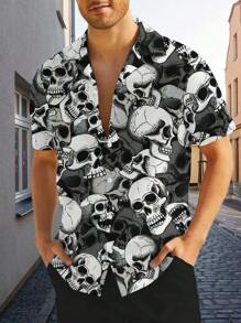 Men 3D Skull Print Button-Down Shirt, Summer Casual Creative Funny Short Sleeve Shirt, For Halloween