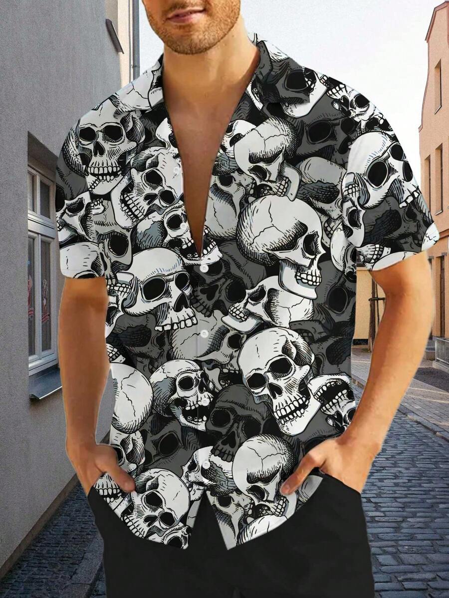Men 3D Skull Print Button-Down Shirt, Summer Casual Creative Funny Short Sleeve Shirt, For Halloween