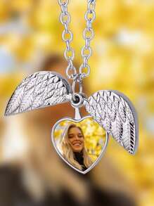 1pc Customized Photo Heart-Shaped Alloy Pendant Necklace, Memory Photo Locket Necklace - Silver - View 5