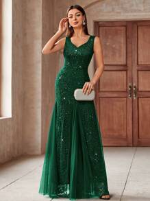 MIUSOL Sweetheart Neck Contrast Sequin Lace Mesh Mermaid Hem Evening Party Fitted Long Dress, Elegant Formal Prom Gown, For Wedding Guest, Graduation, Dinner