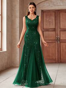 MIUSOL Sweetheart Neck Contrast Sequin Lace Mesh Mermaid Hem Evening Party Fitted Long Dress, Elegant Formal Prom Gown, For Wedding Guest, Graduation, Dinner