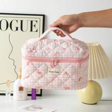 1pc Large Capacity Polyester Polka Dot Bow Makeup Bag, Quilted Cosmetic Bag For Daily Use, Travel, Sweet Student Design, Soft Handheld Toiletry Bag - Pink - View 4