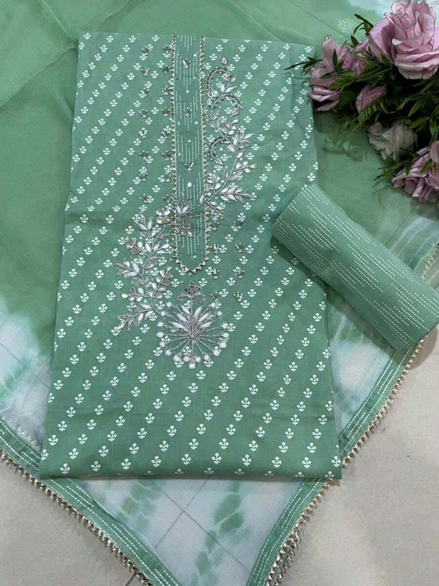Readymade  Designer Pakistan Ceremonial Embroidered Cotton Teal Floral Printed Straight Pant Style Suit For Women - màu xanh mòng két - Xem 1