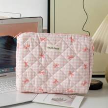 1pc Large Capacity Polyester Polka Dot Bow Makeup Bag, Quilted Cosmetic Bag For Daily Use, Travel, Sweet Student Design, Soft Handheld Toiletry Bag - Pink - View 5