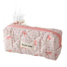 1pc Large Capacity Polyester Polka Dot Bow Makeup Bag, Quilted Cosmetic Bag For Daily Use, Travel, Sweet Student Design, Soft Handheld Toiletry Bag - Pink - View 7