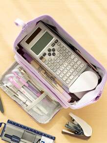 1pc Large Capacity Pale Purple Pencil Case With 1pc Random Label,Pencil Pouch,School Bag - Purple - View 3