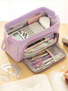 1pc Large Capacity Pale Purple Pencil Case With 1pc Random Label,Pencil Pouch,School Bag - Purple - View 2