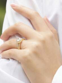 1 件奢华金色方晶锆石女士戒指套装和 1 件不锈钢男士戒指，情侣戒指，结婚珠宝礼物 - 金色 - 查看 8