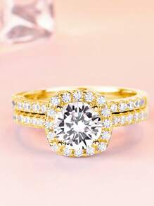 1 件奢华金色方晶锆石女士戒指套装和 1 件不锈钢男士戒指，情侣戒指，结婚珠宝礼物 - 金色 - 查看 5