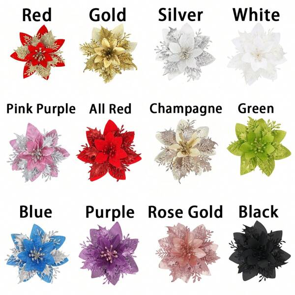 10pcs Multi-Color Artificial Poinsettia Flowers With Clips, Glittery Hollow Mesh Poinsettia Decor For Tree, Wreath, Holiday Party, Valentine Day, Gift Home Decor Christmas Decorations Room Decor Christmas