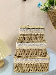 1 Pezzo Scatola da tavolo per il Contenimento, Scatola portaoggetti intrecciata in rattan di carta, Cesto di Stoccaggio con Coperchio, Cesto per riporre Vari Oggetti, Snack, Prodotti Cosmetici, Cucina, Giocattoli, Cesto Portaoggetti per Cosmetici, Cesto