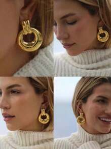 1pair Fashionable Simple Circular Hoop Earrings, Heavy Metal Statement Earrings, Elegant Day Wear For Women - Gold - View 3