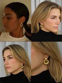 1pair Fashionable Simple Circular Hoop Earrings, Heavy Metal Statement Earrings, Elegant Day Wear For Women - Gold - View 4