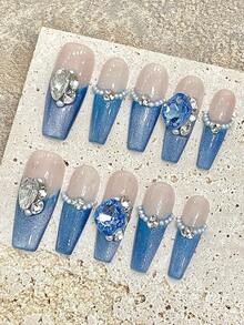 10PCS Blue Tip False Nails With Rhinestone Decor Ultra-Flexible Long Lasting Fake Nails For Professional Nail Art Salon Supply - Blue - View 4
