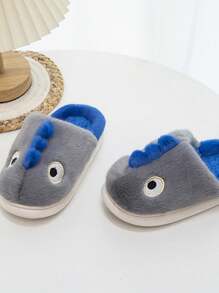 可爱卡通恐龙设计儿童毛绒拖鞋，儿童保暖室内/室外拖鞋，秋冬季 - 灰色 - 查看 5