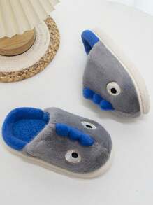 可爱卡通恐龙设计儿童毛绒拖鞋，儿童保暖室内/室外拖鞋，秋冬季 - 灰色 - 查看 4