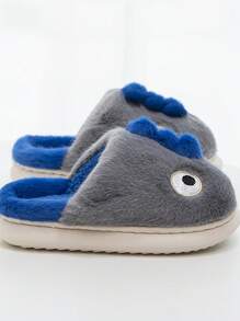 可爱卡通恐龙设计儿童毛绒拖鞋，儿童保暖室内/室外拖鞋，秋冬季 - 灰色 - 查看 3