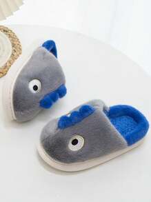 可爱卡通恐龙设计儿童毛绒拖鞋，儿童保暖室内/室外拖鞋，秋冬季 - 灰色 - 查看 2