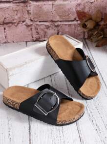 Women's Simple Buckle Slip-On Moisture Wicking Flat Slip-On Slippers - Black - View 5