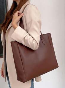 1 件女士纯色 PU 皮革拉链手提包，时尚简约设计，大容量，适合通勤、节日、礼物，女士时尚手提包 - 咖啡棕 - 查看 4