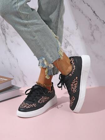 Stylish Leopard Print Women Casual Sports Shoes, Breathable Comfortable, Outdoor Summer Street Outfit, Birthday Gift, Contrast Color Campus Walking Shoes, Non-Slip Durable
