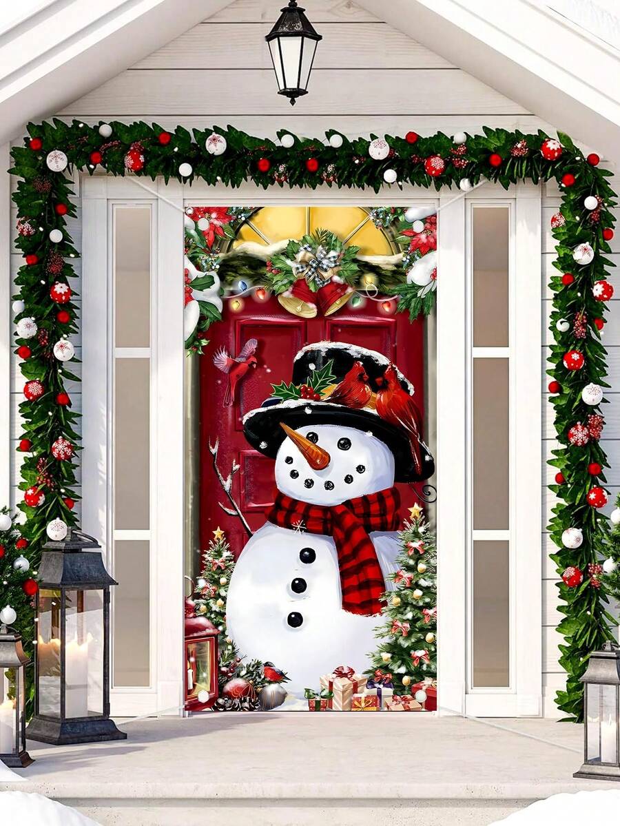 1 件圣诞吊旗，带有雪人、红雀鸟和铃铛元素，适用于室内/室外门、墙壁装饰，适合圣诞节家庭聚会派对、圣诞节 - 彩色 - 查看 1