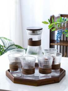 1 套 1500L 耐热玻璃水壶，带托盘和杯子，现代胡桃木色水壶和果汁瓶套装，适合派对和所有季节