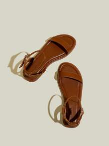 女士平底露趾绑带凉鞋，夏季休闲软底沙滩鞋 - 棕色 - 查看 5