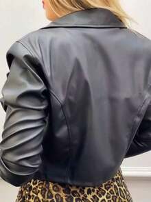 Winter Women's Biker Fake Leather Jacket - 黑色 - 查看 4