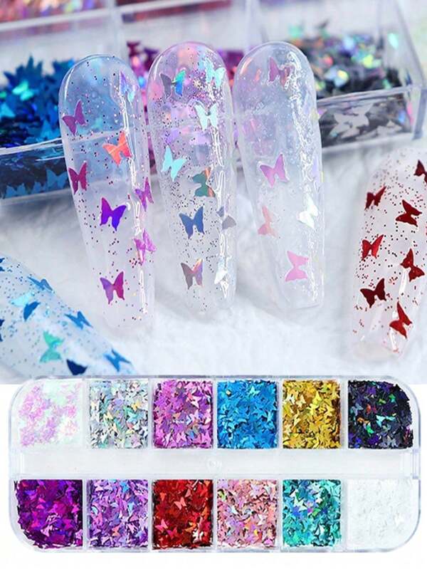 12 Compartments Box Small Butterfly Sequins 3MM Butterfly Nail Art Sequins DIY Nail Jewelry Decorations