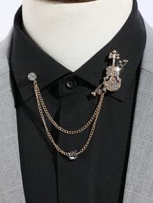 1pc Men's Fashion Gold/Silver Violin Guitar Crown Rhinestone Tassel Decor Musical Theme Brooch Pin For Suit Shirt Jacket Accessory, Party Wear - Multicolor - View 2