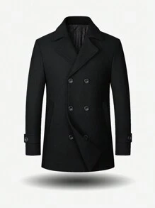 男士修身双排扣翻领大衣，秋冬季 - 黑色 - 查看 1