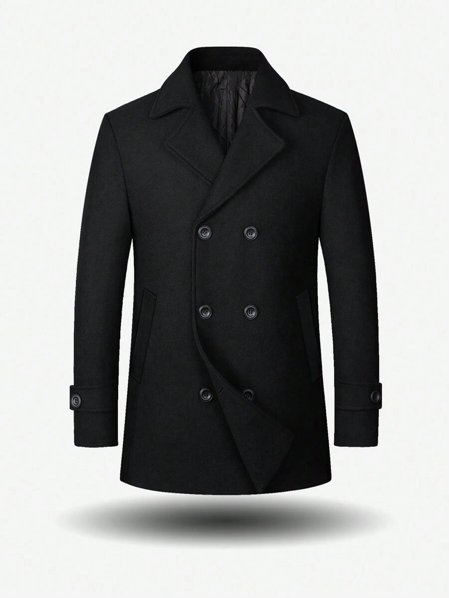 男士修身双排扣翻领大衣，秋冬季 - 黑色 - 查看 1