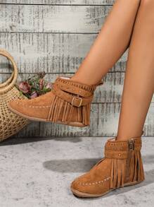 Women  Fringe Decor Soft Bottom Lightweight Short Boots, Fashion Metal Rivet Design Motorcycle Boots, Plus Size Ladies Fringed Boots