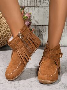 Women  Fringe Decor Soft Bottom Lightweight Short Boots, Fashion Metal Rivet Design Motorcycle Boots, Plus Size Ladies Fringed Boots