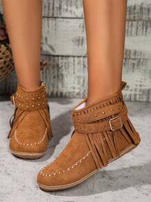Women  Fringe Decor Soft Bottom Lightweight Short Boots, Fashion Metal Rivet Design Motorcycle Boots, Plus Size Ladies Fringed Boots