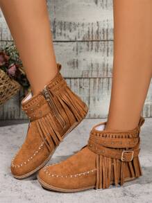 Women  Fringe Decor Soft Bottom Lightweight Short Boots, Fashion Metal Rivet Design Motorcycle Boots, Plus Size Ladies Fringed Boots