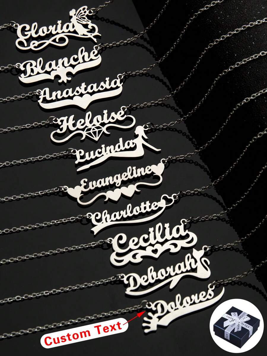 Customized Name Necklace, Stainless Steel Gold Minimalist Handwritten English Letter Jewelry Personalized, Gift For Couple, Friends, Mom For Christmas, Halloween, Valentine's Day, Anniversary - Silver - View 1