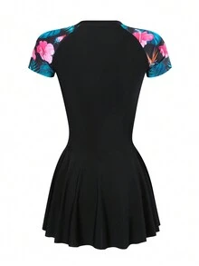 1 件热带印花女式连体泳衣，拉链开合，收腰，高端保守沙滩运动连体衣夏季