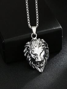 1 Stück modischer vintage Kette mit Anhänger in Form eines Löwenkopfes als heiliger Wächter, unisex Edelstahl Punk Stil lange Pullover Kette, beliebtes Accessoire Geschenk für Männer & Frauen