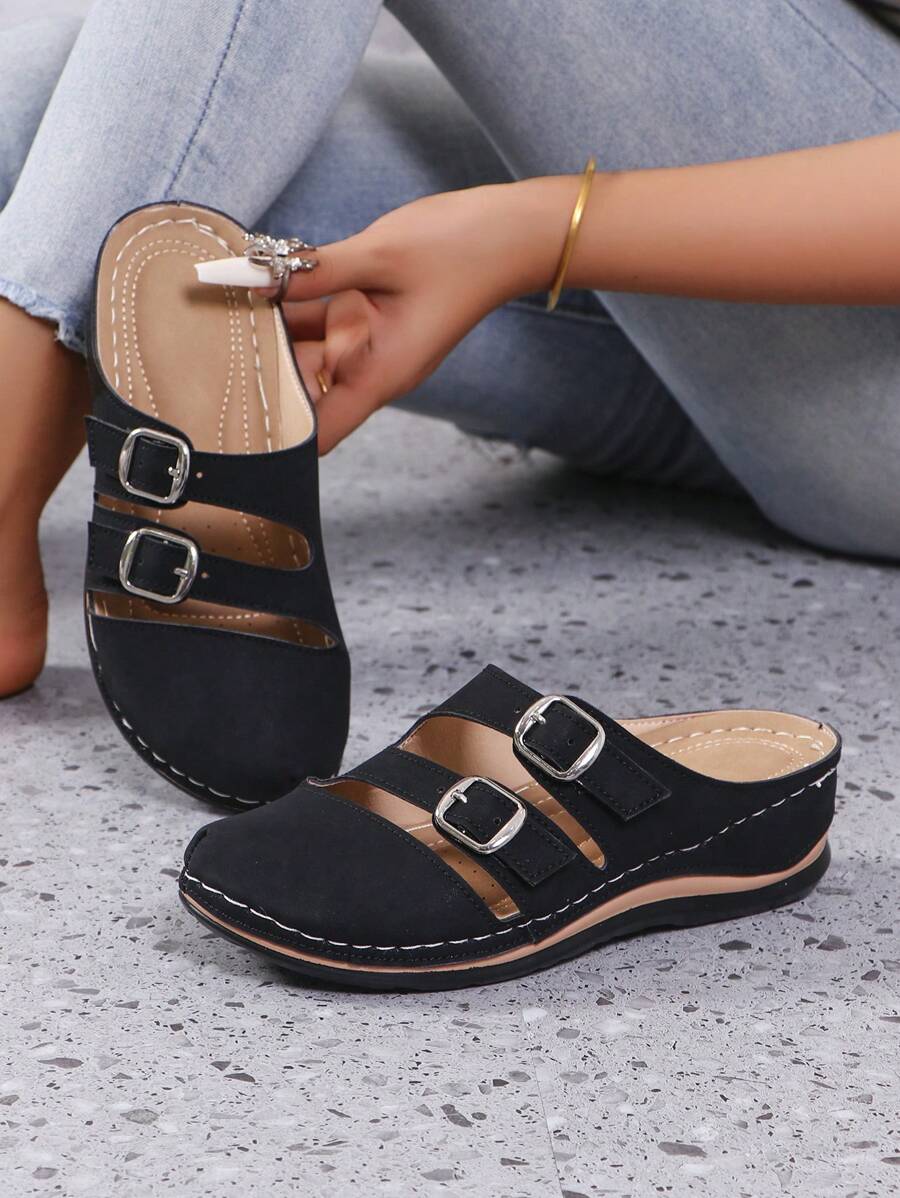 时尚舒适百搭软底一脚蹬坡跟凉鞋，适合户外穿着，女士厚底包头鞋 - 黑色 - 查看 1