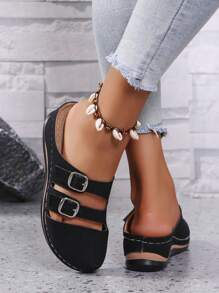 时尚舒适百搭软底一脚蹬坡跟凉鞋，适合户外穿着，女士厚底包头鞋 - 黑色 - 查看 5