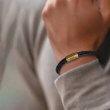 Customized Family Name Men's Bracelet, 3-Layer Black Leather Magnetic Bracelet, 20cm/22cm, Gold/Silver, Personalized Stainless Steel Beads, Laser Engraved With Family Name, Date, Birthday Gift, Christmas Gift, Father's Day Gift,Black,Gold,Stylish,Colorful,Vintage,Simple,Unisex,Casual,Cuties,Custom,Personalized,Unique,Ideal Gifts For Him,Ideal Gifts For Her,Her,Boyfriend,Girlfriend,Dad,Mom,Family,Friends,For Anniversaries,For Birthdays,For Graduation,For Prom,For Party,Stainless Steel Jewelry