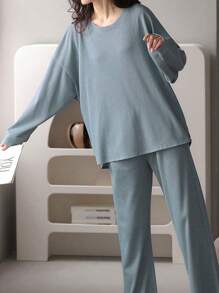 AICJ 2pcs Set Women's Casual Solid Color Warm Waffle Knitted Long Sleeve Top And Pants Sleepwear Pajamas, Suitable For Spring, Autumn And Winter, Two Pieces Set Outfit - Royal Blue - View 5