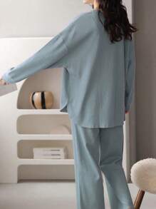 AICJ 2pcs Set Women's Casual Solid Color Warm Waffle Knitted Long Sleeve Top And Pants Sleepwear Pajamas, Suitable For Spring, Autumn And Winter, Two Pieces Set Outfit - Royal Blue - View 2