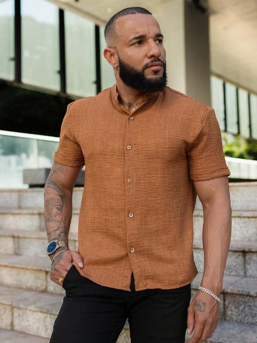 Men's Shirt Priest Collar - 鏽棕色 - 查看 1